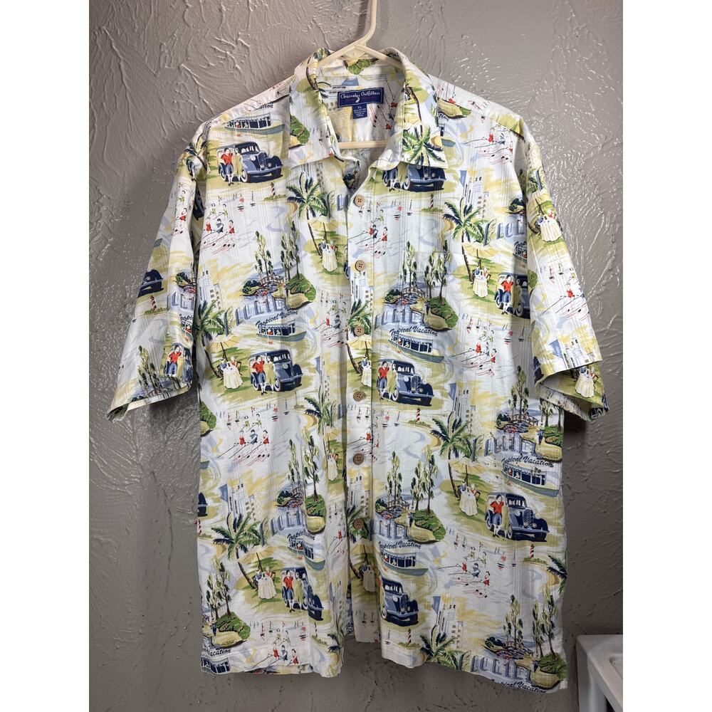 Clearwater Outfitters Florida Palm Tree Vintage Car Print Hawaiian Camp Shirt XL